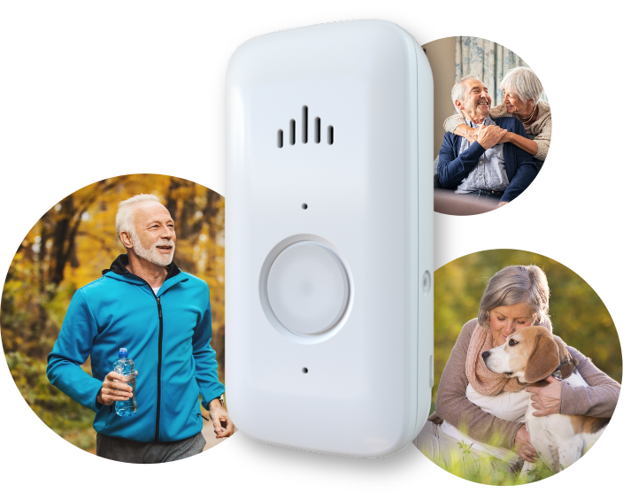 Lifefone medical alert device button surrounded by seniors enjoying various everyday activities